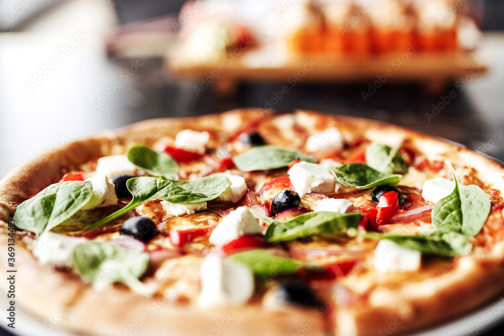 Pizza with with cheese, olives and herbs. Cafe, pizzeria and restaurant menu. Pizza with with cheese, olives and herbs. Cafe, pizzeria and restaurant menu.