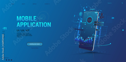Web Advertising - Smartphone Applications UI, UX, KIT. Mobile app with business graph and analytics, statistic and data on perspective smartphone. Web design banner, business, trading, finance app.