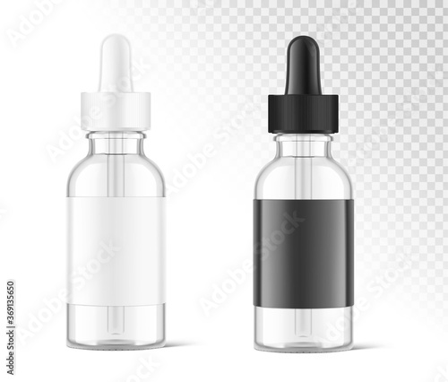 Realistic black and white dropper bottle mockups. Vector illustration isolated on white background.  Сan be used for cosmetic, medical and other needs. EPS10. 