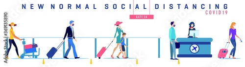 Passengers at the airport, measures against the virus. Social safe distance between people so as not to spread virus, COVID-19. Ticket check for flight.	 İsolated vector illustration.