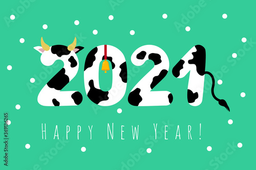 Happy New Year. 2021. New year 2021. creative postcard design with a cow, a bull with a bell on a green background. Vector illustration for congratulations