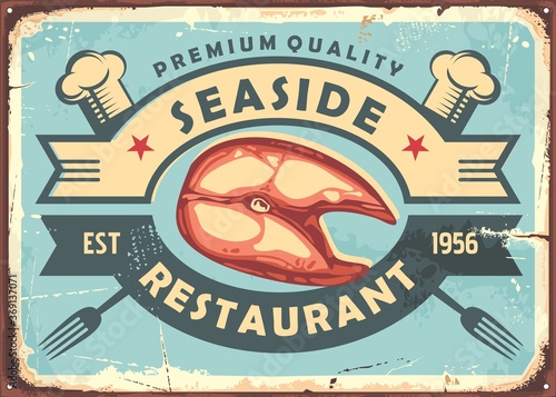Seaside food sign in retro style made for restaurant or bistro. Vector vintage poster with fish filet. Seafood ad. 