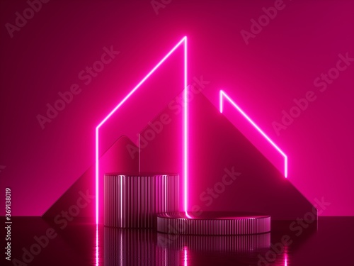 3d render, abstract trendy background with pink neon light. Bright glowing geometric arches over empty stage. Cylinder platform, blank fashion podium, mockup for product displaying photo