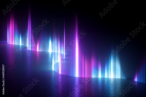 3d render, digital illustration. Abstract neon light background, artificial aurora borealis vertical rays, northern lights, glowing plasma effect wavy line. Mysterious geomagnetic phenomenon