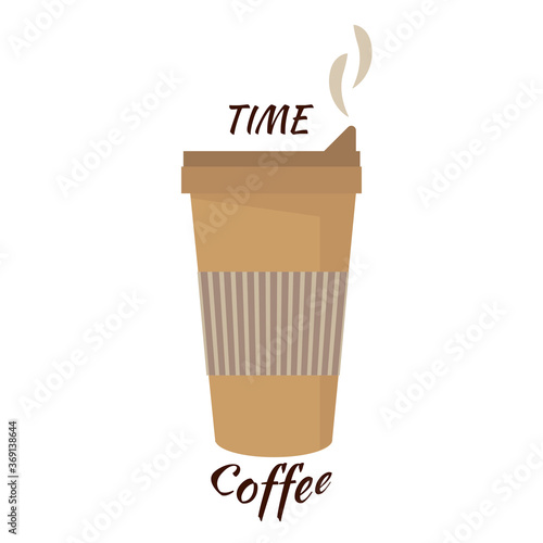 Hot coffee in disposable takeaway cup. Lunch time  coffee time. Vector color illustration on white background.