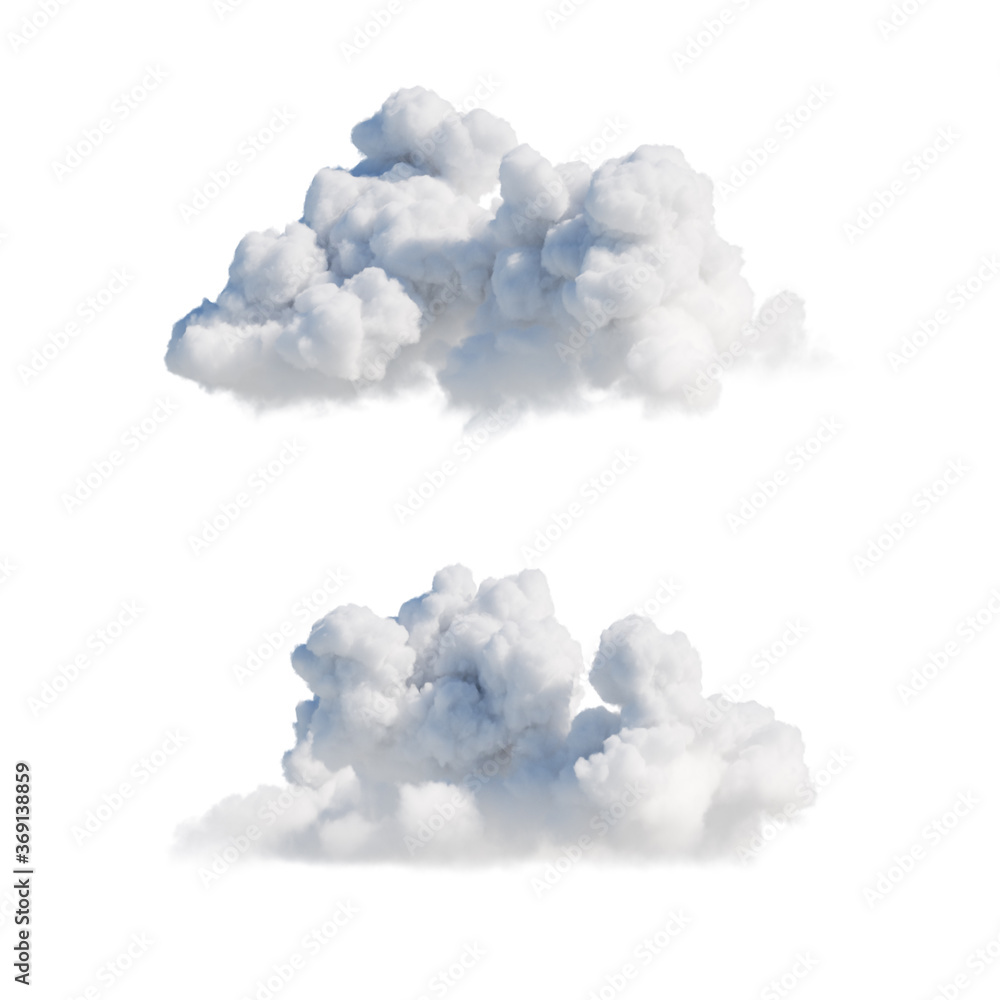 3d render. Shapes of abstract white clouds, clip art isolated on white background. Cumulus different perspective views. 3d render. Shapes of abstract white clouds, clip art isolated on white background. Cumulus different perspective views.