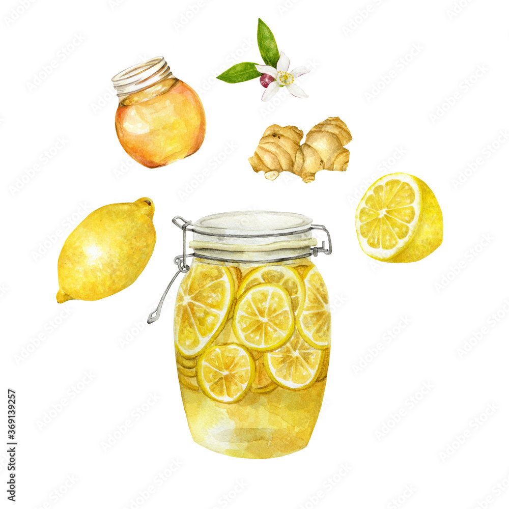 蜂蜜レモン レシピ 花 水彩イラスト Stock Illustration Adobe Stock