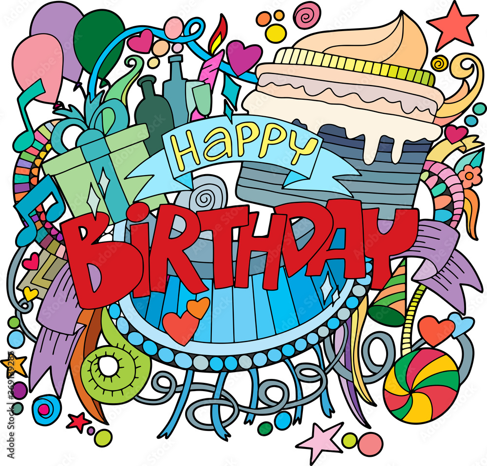  Happy Birthday background. Hand-Birthday hand lettering and doodles elements background. Vector illustration
