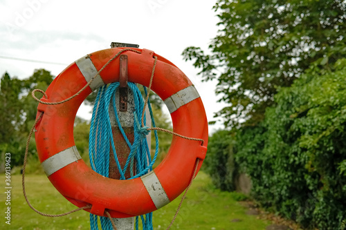 Life saver ring on the bank of Ranworth Broad in the Norfolk Broads National Park