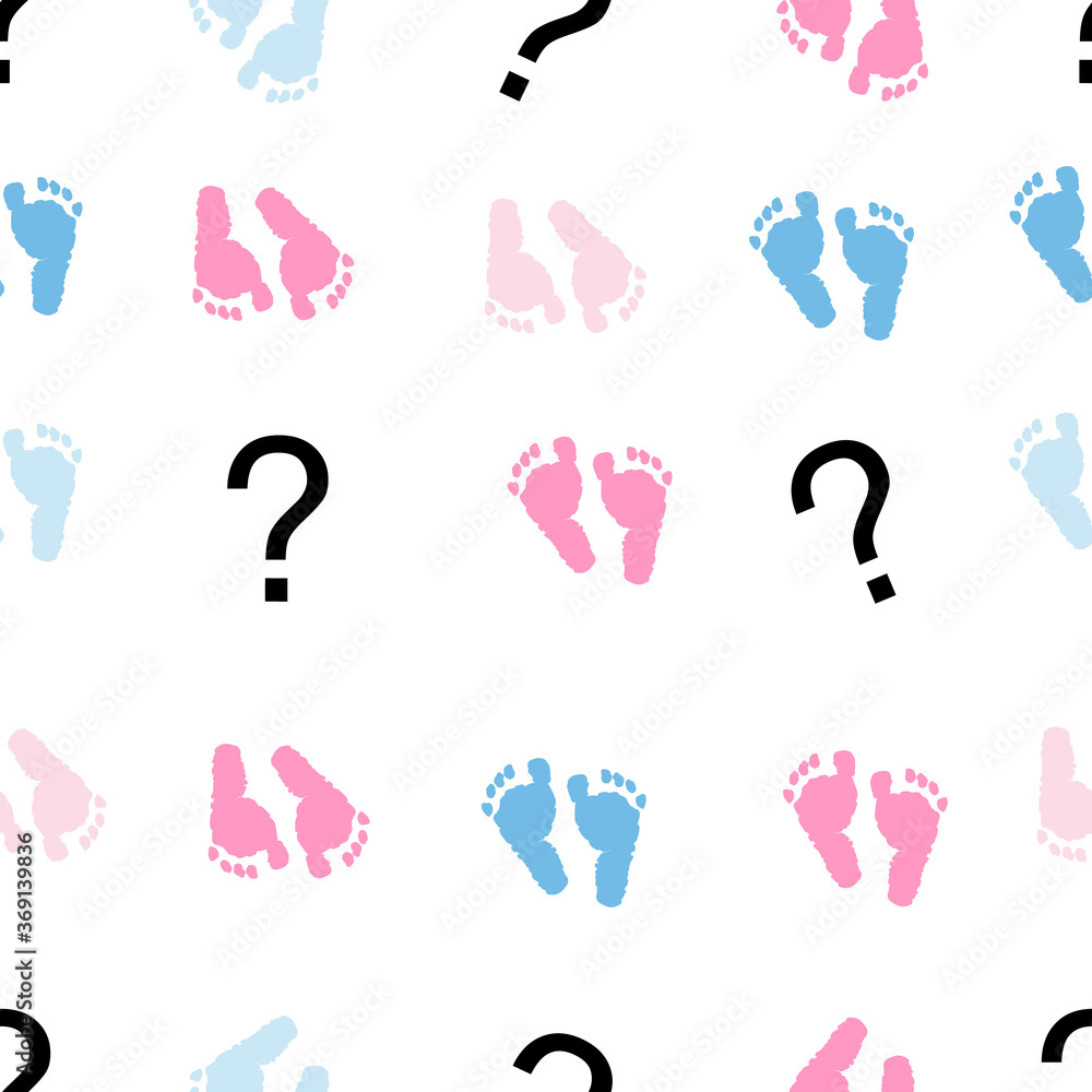 Question mark, baby foot prints, pink and blue baby gender reveal
