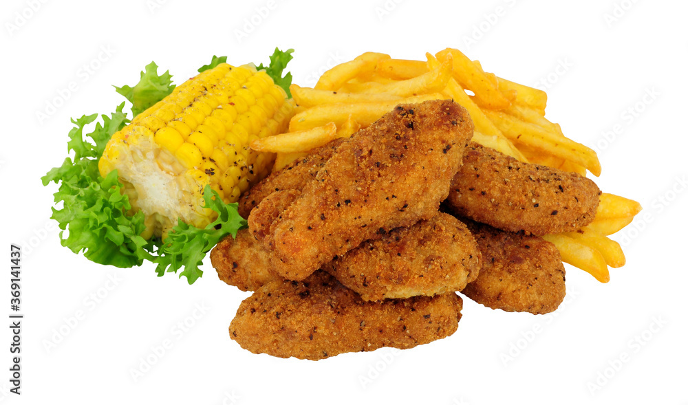 Φωτογραφία Southern fried chicken dippers, covered in spicy breadcrumbs with French fries a