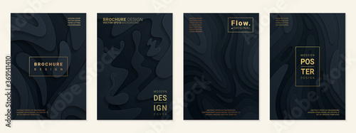 Vector set of four cover, brochure or card in paper cut style. Liquid or fluid shapes. Abstract forms. Collection of dark black modern backgrounds.