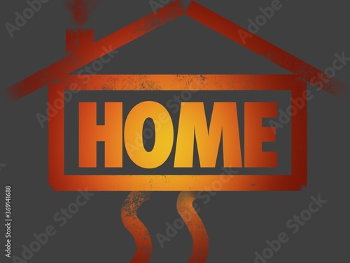 Illustration of a house with the word „Home“ in it. Warm illustration of a house. Illustration of the warmth in a house.  photo