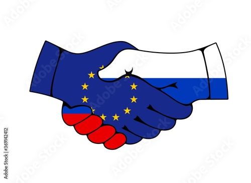 Russia and European Union partnership handshake, trade and business deal agreement vector icon. Joined male hands with russian and european flags. Politics greeting and friendship, summit meeting