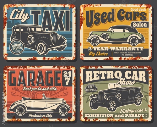 Vintage cars rusty plates. Retro limousine, classic convertible coupe and cabriolet sedan. Taxi, repair service garage station, used cars dealer salon, retro automobile show, exhibition vector banner