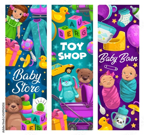 Baby care, toys shop, cartoon kids stuff store. Newborns and diaper, apparel, baby monitor and rubber duck, feeding bottle and soft bear. Cubes and gifts, socks and nipple children vector banners