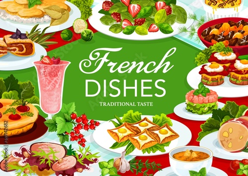 France cuisine vector dob beef and pork ham, cabbage stuffed with meat, quiche with tomatoes. Sandwich croc madame, potato caserrole and salmon tartare or duck salad. French meals, food dishes poster
