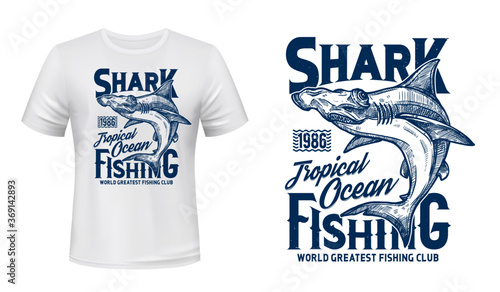 T-shirt print with hammer head shark, vector mascot for fishing or diving club, sketch sea predator animal and blue typography on white apparel template. Ocean adventure team, shark t-shirt mockup photo