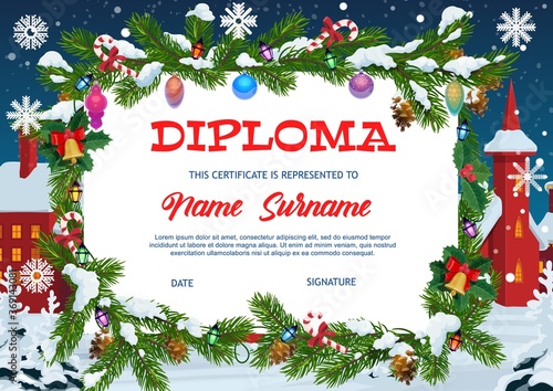 Kids diploma education, christmas gift certificate with fir-tree frame decorated with garland, baubles and candy canes, falling snowflakes on winter cityscape background. Xmas kids diploma