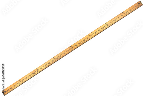 Wooden yardstick on white backgrounds whit centimeters and yard fractions scales.
