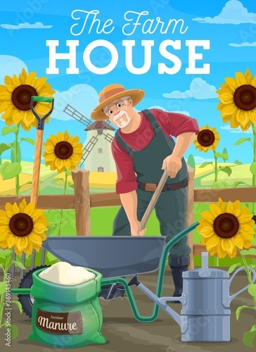 Farmer fertilize soil, agriculture farming works. Vector worker digging ground fertilize with manure garden with sunflowers. Harvest, agrarian cultivation and country farm industry cartoon poster