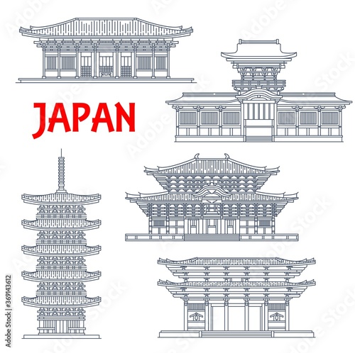 Japanese temples, shrines and Japan pagodas in Nara, Buddhism architecture vector landmarks. Todai-ji and Kofuku-ji Shinto pagoda tower, Nandaimon Gates, Kasuga Grand Shrine or Kasuga-taisha photo