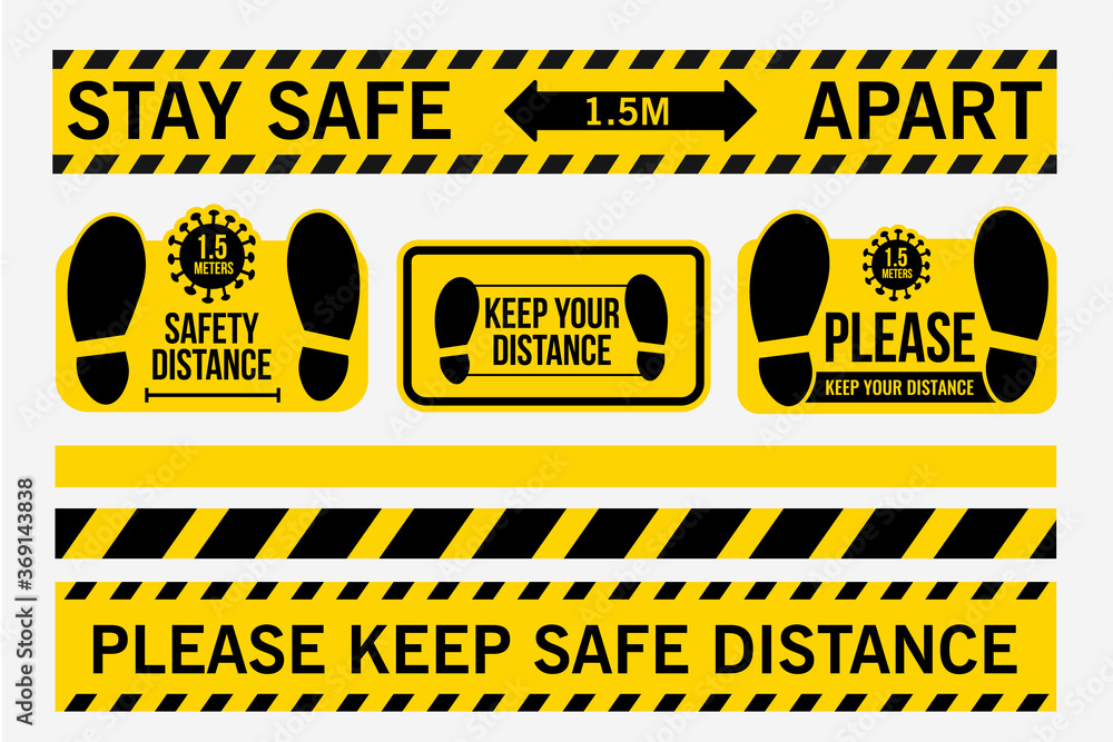 Keep Safe Distance Sticker Vetor de Stay safe 1.5 meters apart. Please keep safe distance. Line ...