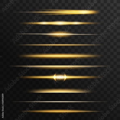 Golden and yellow light flashes, glow vector lines. Gold glowing illumination of sun or starlight beams, bursts and sparkles. Isolated horizontal linear rays, shiny explosion, sunlight twinkling flash
