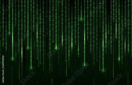 Technology background, digital binary code matrix, vector computer cyberspace and internet communication coding. Digital binary code matrix green background, internet data network and programming photo