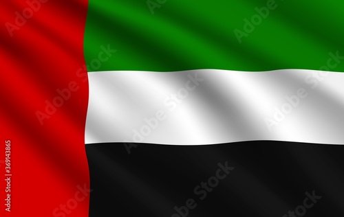 Uae flag, United Arab Emirates country national vector identity. Foreign language learning, international business or travel symbol, realistic 3d waving Uae flag of red, green, white and black colors