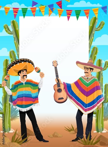 Mexican Cinco de Mayo poster Mexico holiday fiesta and celebration party, vector background. Cinco de Mayo 5 May Mexican holiday men in sombrero and poncho with guitar, cactus and bunting flags