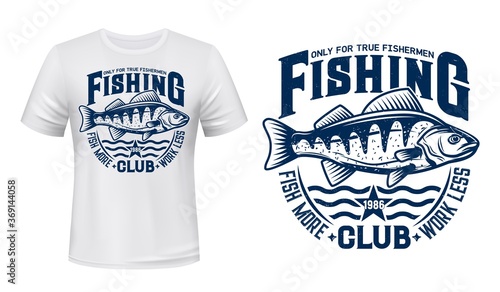 Seaking perch fish t-shirt print. Vector mascot of sea fishing club. Blue sea fish on waves t-shirt emblem. Fishing sport team apparel template with fast perch