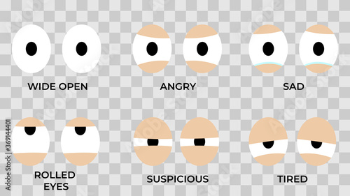Set of 6 pairs of eyes, with different expressions. Transparent vector illustration.