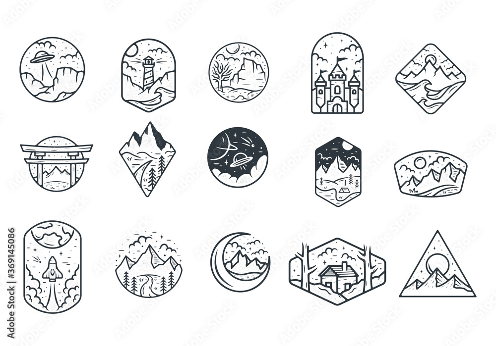 vintage wilderness logos. hand drawn retro styled outdoor adventure emblems, badges, design elements, logotype templates. vector illustration