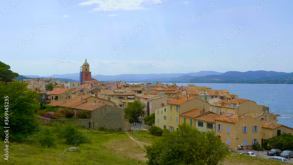 Aerial view over the city of Saint Tropez historic district - ST TROPEZ, FRANCE - JULY 13, 2020