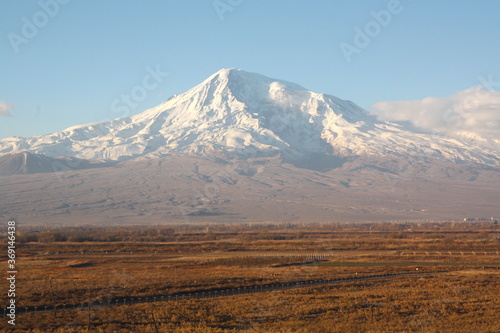 Colorful Ararat mountain in Armenia from Khor Virap monastery in Armenia, Turkey border, powerful blue sky.