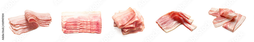 Set with bacon slices on white background. Banner design