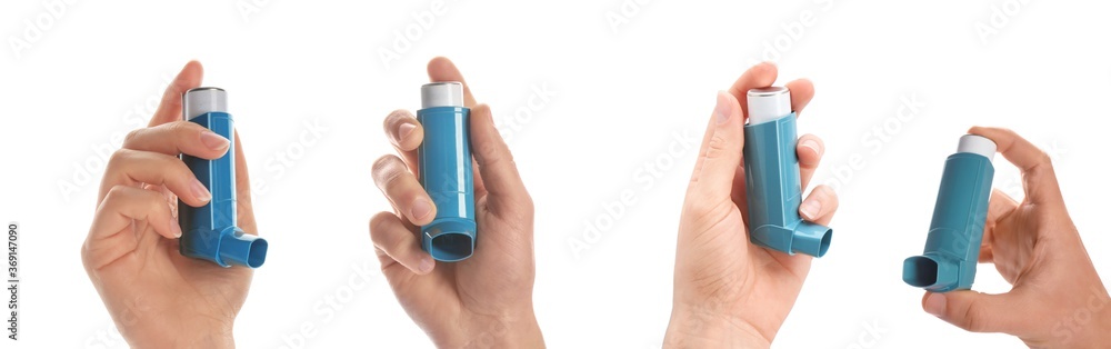 Collage with photos of people holding asthma inhalers on white ...