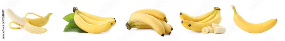 Set with delicious bananas on white background, banner design