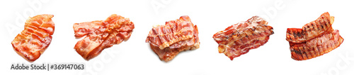Set with tasty fried bacon slices on white background. Banner design