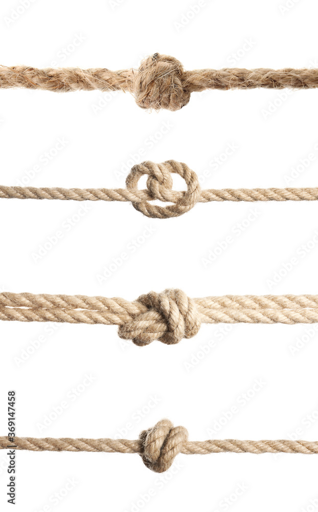 Set of hemp ropes with knots on white background Set of hemp ropes with knots on white background