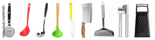 Set with different cooking utensils on white background, banner design