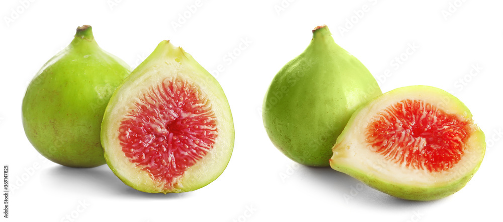 Set of cut and whole green figs on white background. Banner design Set of cut and whole green figs on white background. Banner design