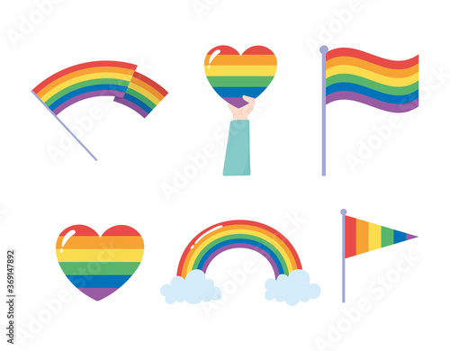 LGBTQ community, flags and hearts rainbow celebration, gay parade sexual discrimination protest