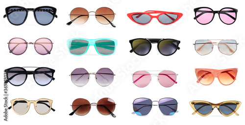 Foto Collage with different stylish sunglasses on white background