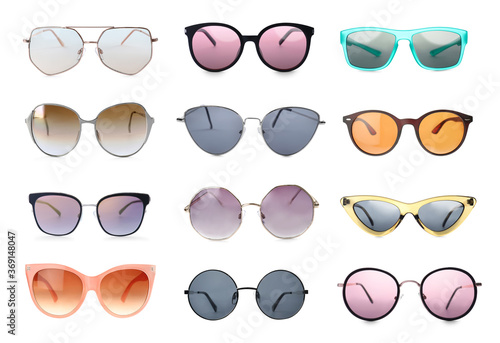 Collage with different stylish sunglasses on white background