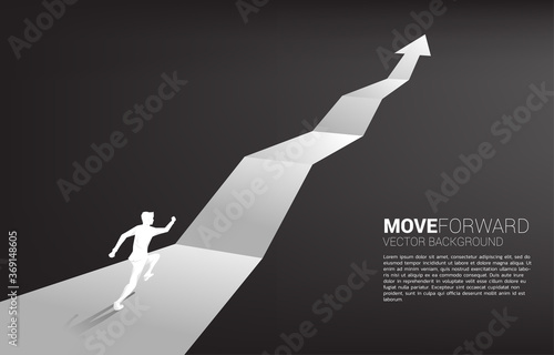 Silhouette of businessman running on growth graph arrow. Concept of career path and start business
