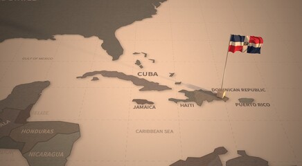 Flag on the map of dominican republic.
Vintage Map and Flag of Central America, Caribbean Countries Series 3D Rendering