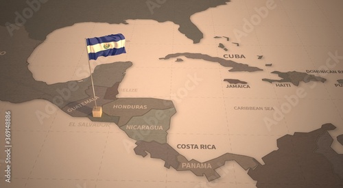Flag on the map of el salvador.
Vintage Map and Flag of Central America, Caribbean Countries Series 3D Rendering