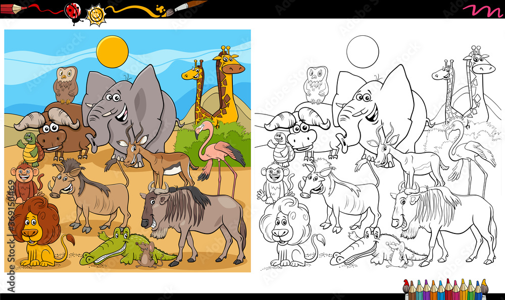 funny animal characters group coloring book page